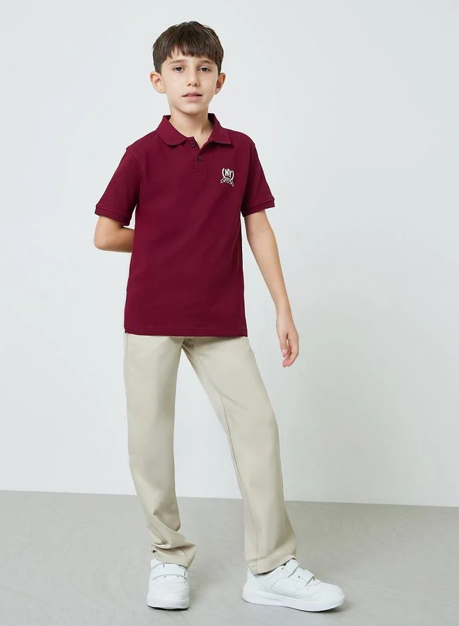 Styli Boys Burgundy Chest Print Knitted Regular Fit Polo T-Shirt
