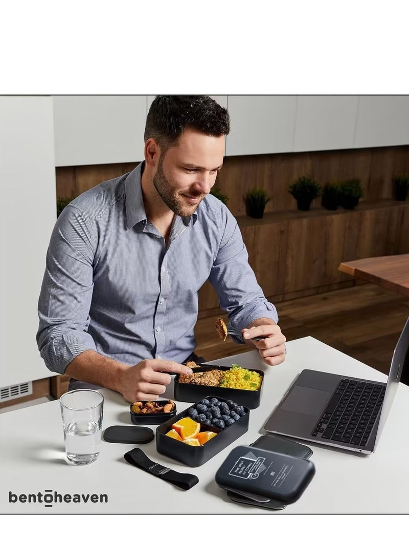 RATSAW Double Layer Lunch Box Portable Microwave Oven Bento Box Black With Utensil Set and Storage Bag - Image 2
