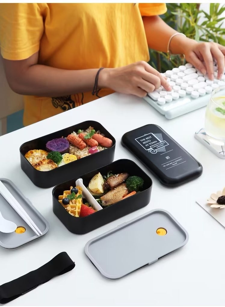 RATSAW Double Layer Lunch Box Portable Microwave Oven Bento Box Black With Utensil Set and Storage Bag - Image 5