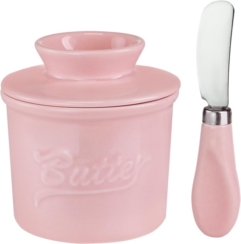 MSJGA Ceramic Butter Crock with Lid & Spreader Knife, Butter Keeper - Ideal Butter Storage & Countertop Butter Dish,Pink - Image 1