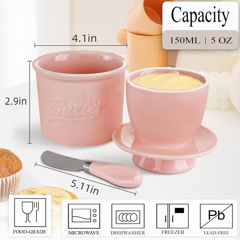 MSJGA Ceramic Butter Crock with Lid & Spreader Knife, Butter Keeper - Ideal Butter Storage & Countertop Butter Dish,Pink - Image 4
