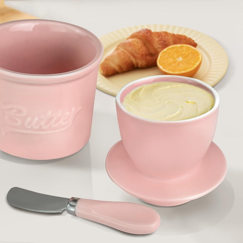 MSJGA Ceramic Butter Crock with Lid & Spreader Knife, Butter Keeper - Ideal Butter Storage & Countertop Butter Dish,Pink - Image 2