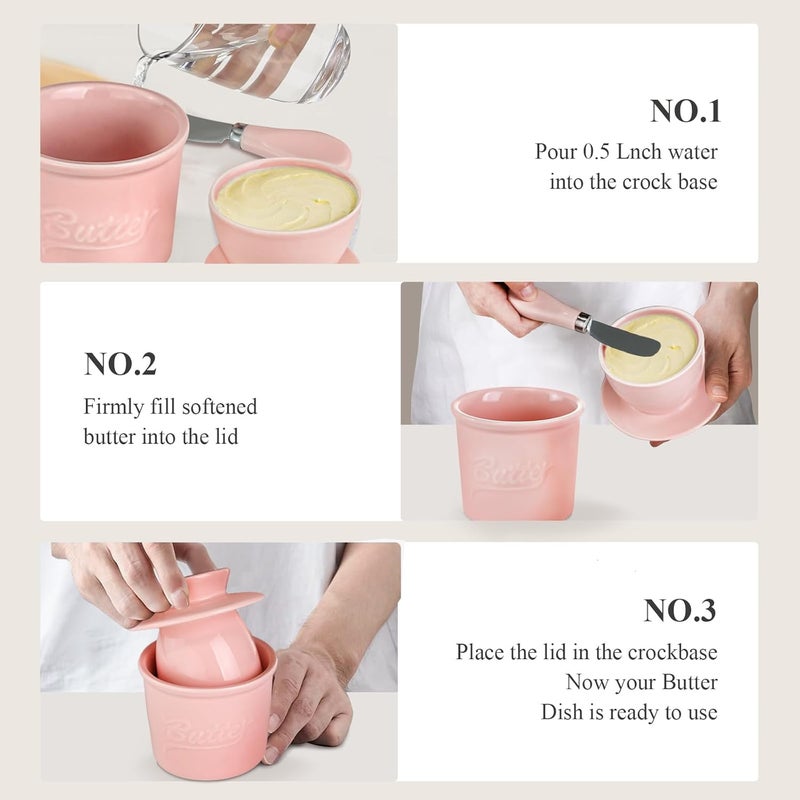 MSJGA Ceramic Butter Crock with Lid & Spreader Knife, Butter Keeper - Ideal Butter Storage & Countertop Butter Dish,Pink - Image 5