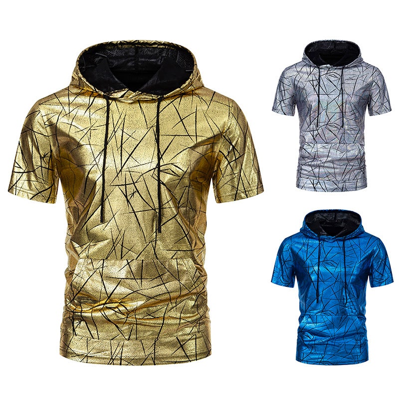 'S New 70S Disco Hooded Bronzing Short-Sleeved T-Shirt 015P40 - Image 5