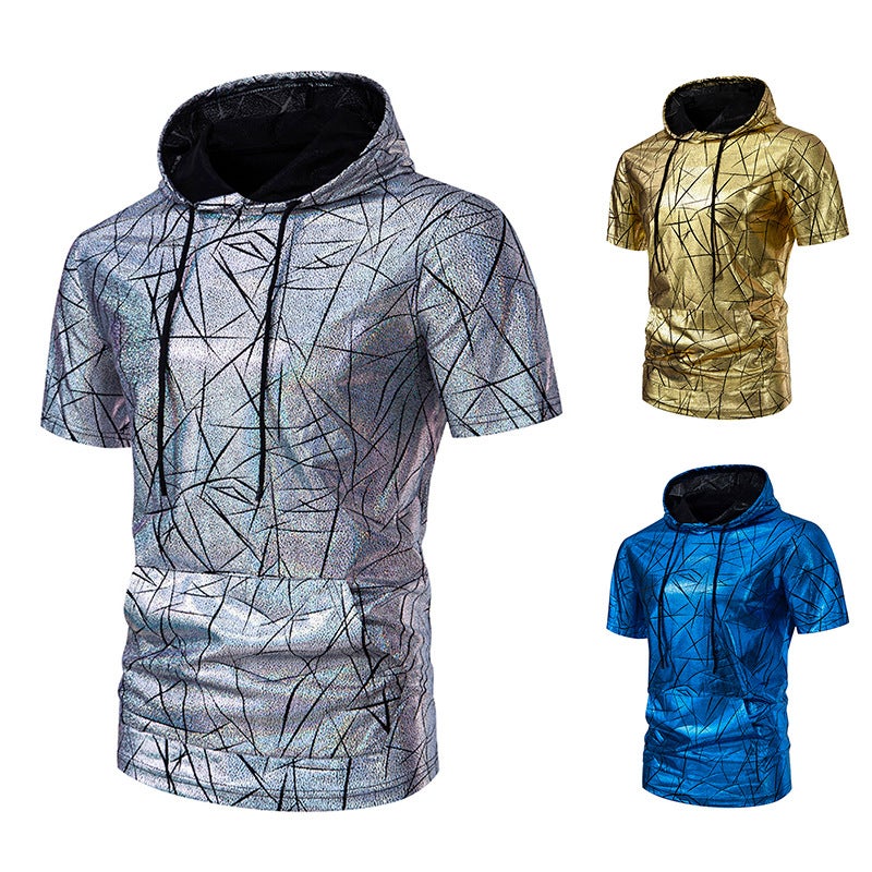 'S New 70S Disco Hooded Bronzing Short-Sleeved T-Shirt 015P40 - Image 3