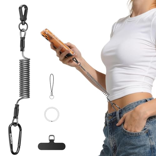 SURPHY Anti Theft Phone Strap Sturdy Steel Wire Key Chain Stretchy Retractable Phone Lanyard with Carabiner Cellphone Lanyard for Outdoor Fishing Climbing Hiking Boating Skiing Black - Image 1