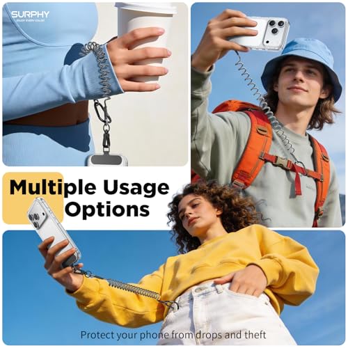 SURPHY Anti Theft Phone Strap Sturdy Steel Wire Key Chain Stretchy Retractable Phone Lanyard with Carabiner Cellphone Lanyard for Outdoor Fishing Climbing Hiking Boating Skiing Black - Image 3