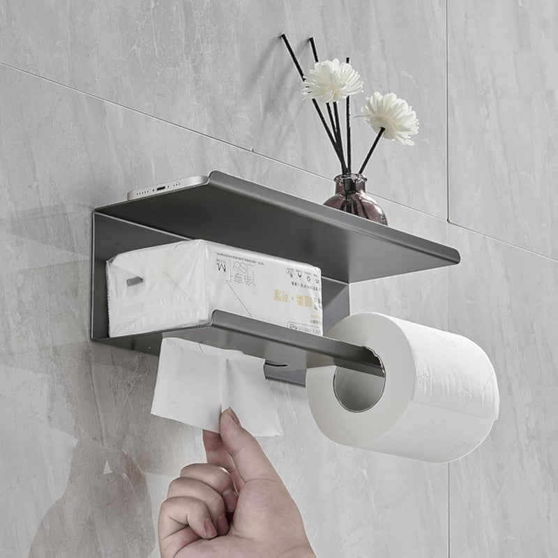 Toilet Roll Holder Tissue Rack: Stainless Steel Toilet Roll Shelf with Phone Holder - Dual Tissue Paper Dispenser for Bathroom - Gunmetal gray