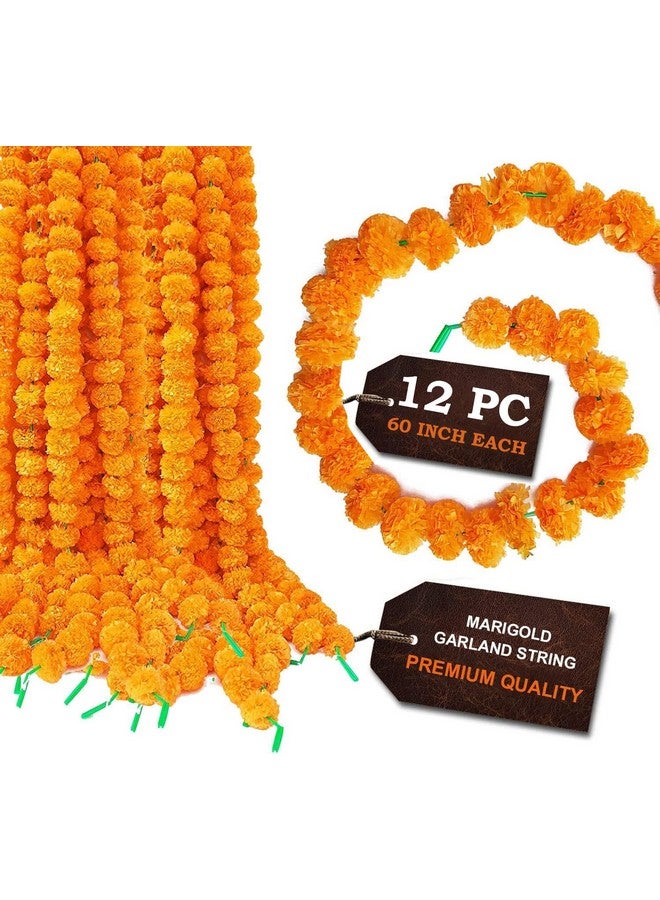 CRAFTSMAN SATVIK 12 PC (5feet/60 inch) Artificial Marigold Flowers Garland for Indian/American Indoor/Outdoor Party Decoration for Diwali, Christmas, Halloween, Wedding, Mantle, Spring Bush Faux Puja Orange - Image 1