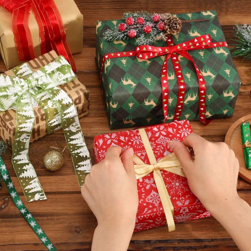 SANNIX 20 Pieces 3 Size Christmas Ribbons for Craft Holiday Printed Grosgrain Organza Satin Ribbons Metallic Glitter Fabric Ribbons Bulk Gift Wrapping Bow(20x2yd) - Image 4