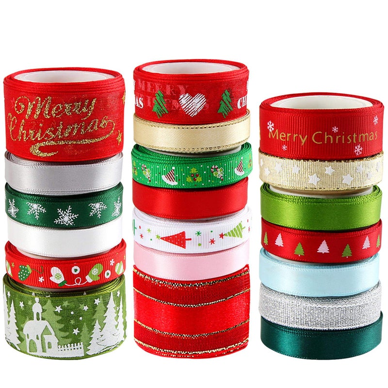 SANNIX 20 Pieces 3 Size Christmas Ribbons for Craft Holiday Printed Grosgrain Organza Satin Ribbons Metallic Glitter Fabric Ribbons Bulk Gift Wrapping Bow(20x2yd) - Image 1