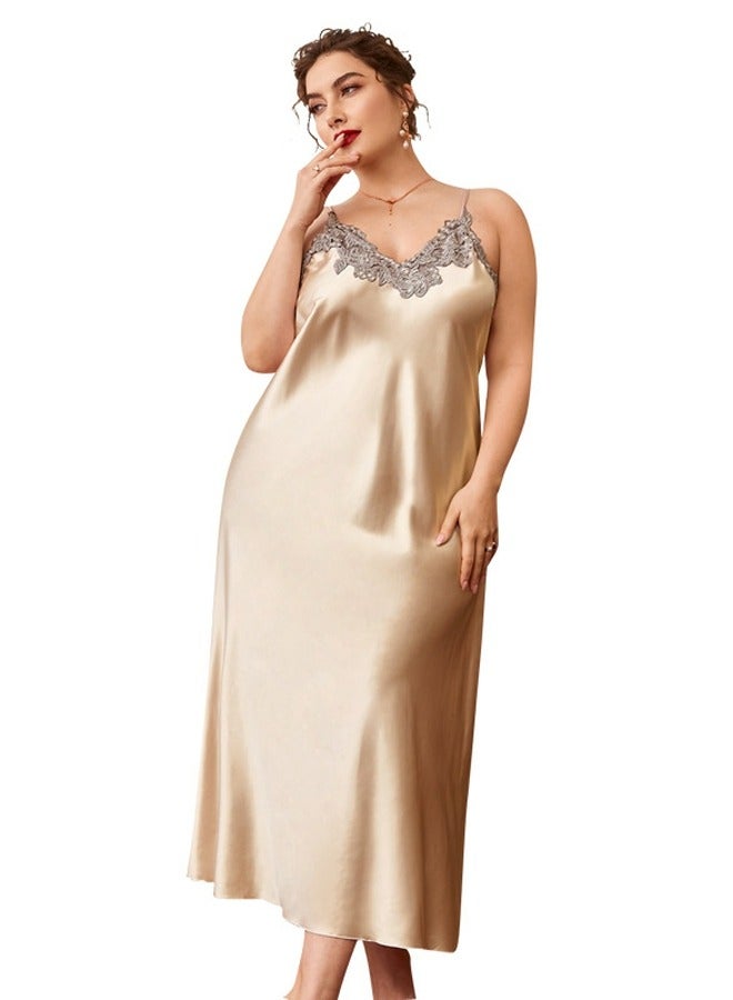 إسكدنيا Women's Lace Stitching Nightgown V-Neck Slip Dress With Adjustable Strap Soft Loungewear Homewear Champagne  - Image 1
