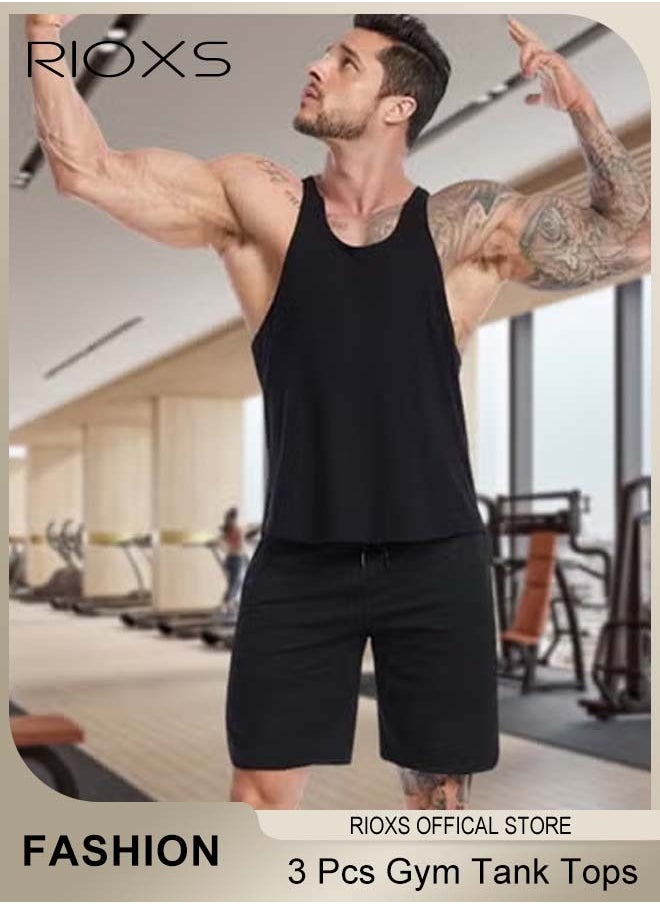 RIOXS - Men's 3 Pack Tank Tops, Workout Gym Y-Back Vest, Bodybuilding Stringer Tops, Muscle Fitness Athletic Stretch Quick Dry Top, Training Sleeveless T Shirts, Spaghetti Strap Muscle Underwear Vest,  Athletic Summer Beach T Shirts - Image 1