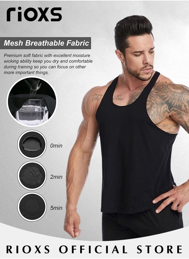 RIOXS - Men's 3 Pack Tank Tops, Workout Gym Y-Back Vest, Bodybuilding Stringer Tops, Muscle Fitness Athletic Stretch Quick Dry Top, Training Sleeveless T Shirts, Spaghetti Strap Muscle Underwear Vest,  Athletic Summer Beach T Shirts - Image 1
