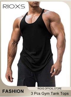 RIOXS Men's 3 Pack Tank Tops, Workout Gym Y-Back Vest, Bodybuilding Stringer Tops, Muscle Fitness Athletic Stretch Quick Dry Top, Training Sleeveless T Shirts, Spaghetti Strap Muscle Underwear Vest,  Athletic Summer Beach T Shirts  - Image 2