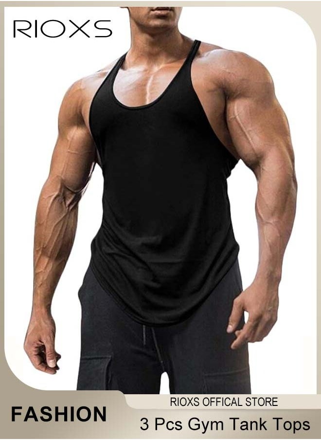 RIOXS - Men's 3 Pack Tank Tops, Workout Gym Y-Back Vest, Bodybuilding Stringer Tops, Muscle Fitness Athletic Stretch Quick Dry Top, Training Sleeveless T Shirts, Spaghetti Strap Muscle Underwear Vest,  Athletic Summer Beach T Shirts - Image 1