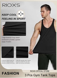 RIOXS Men's 3 Pack Tank Tops, Workout Gym Y-Back Vest, Bodybuilding Stringer Tops, Muscle Fitness Athletic Stretch Quick Dry Top, Training Sleeveless T Shirts, Spaghetti Strap Muscle Underwear Vest,  Athletic Summer Beach T Shirts  - Image 3