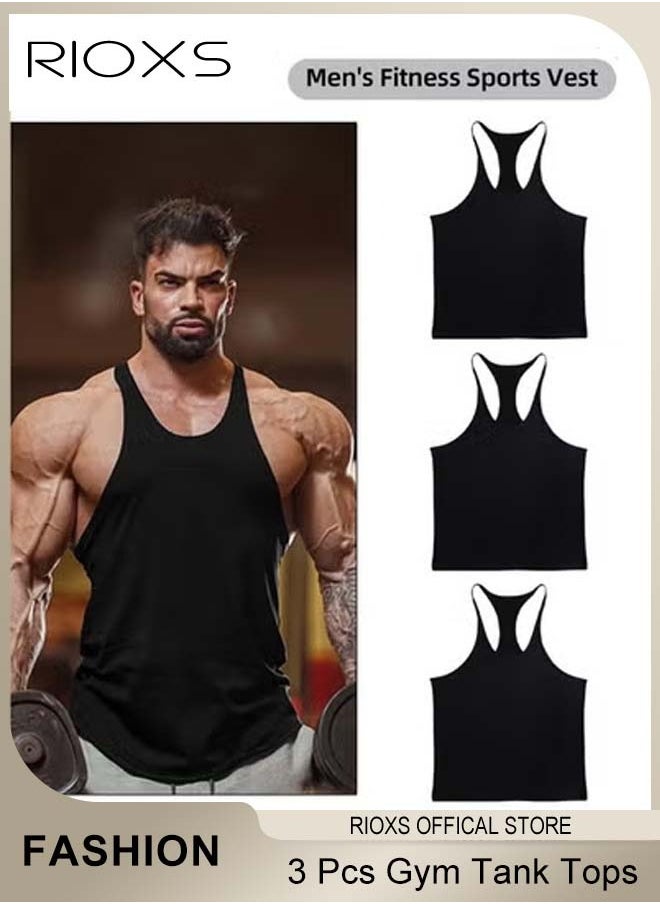 RIOXS - Men's 3 Pack Tank Tops, Workout Gym Y-Back Vest, Bodybuilding Stringer Tops, Muscle Fitness Athletic Stretch Quick Dry Top, Training Sleeveless T Shirts, Spaghetti Strap Muscle Underwear Vest,  Athletic Summer Beach T Shirts - Image 1