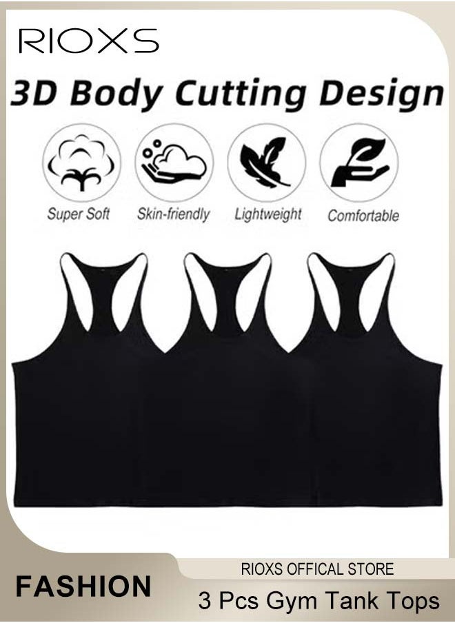 RIOXS - Men's 3 Pack Tank Tops, Workout Gym Y-Back Vest, Bodybuilding Stringer Tops, Muscle Fitness Athletic Stretch Quick Dry Top, Training Sleeveless T Shirts, Spaghetti Strap Muscle Underwear Vest,  Athletic Summer Beach T Shirts - Image 1