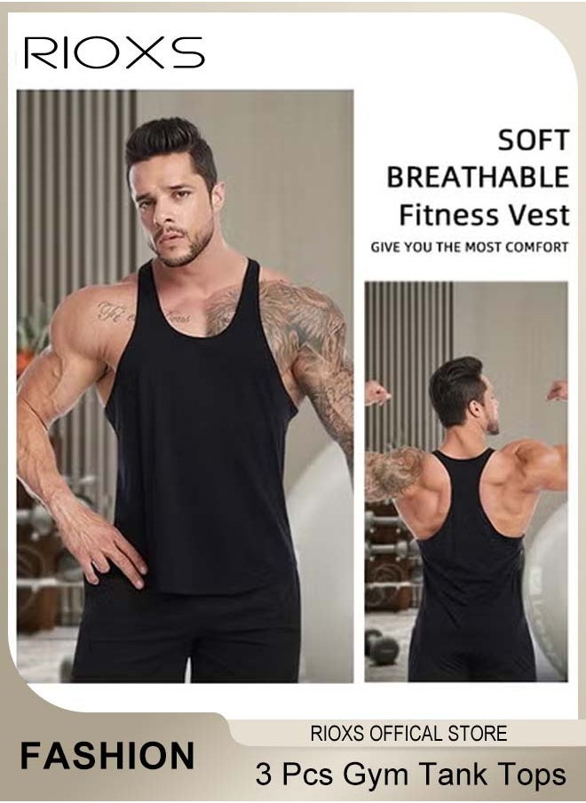 RIOXS - Men's 3 Pack Tank Tops, Workout Gym Y-Back Vest, Bodybuilding Stringer Tops, Muscle Fitness Athletic Stretch Quick Dry Top, Training Sleeveless T Shirts, Spaghetti Strap Muscle Underwear Vest,  Athletic Summer Beach T Shirts - Image 1