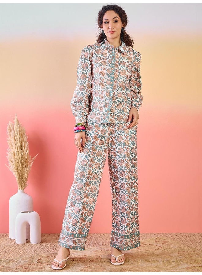 AKS Floral Printed Cotton Shirt With Trousers - Image 1