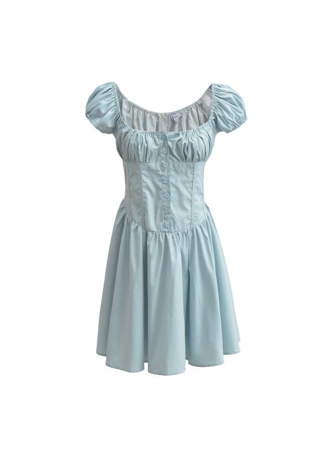 European And American Vacation Style Women's Puff Sleeve Slim-fit Tight Waist Buckle Half-open Large Skirt Dress Pleated Vic Skirt 