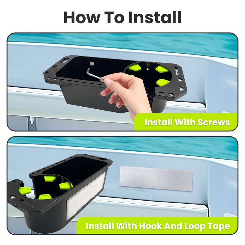 Gocozer Boat Cup Holder with Rubber Tab, Boat Accessories Boat Storage Organizer Holder Caddy Universal Fit for Jon Boat Bass Boat Marine Kayak Pontoon Canoe, Drill or Adhesive 2 Ways Installation(Black,2PCS) - Image 2