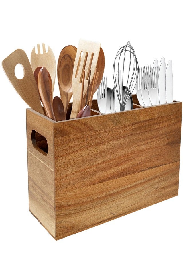 Hevtsde Kitchen Utensil Holder - Removable Divider Wood Silverware Organizer with 3 Compartments, Large Silverware Utensil Caddy for Countertop Farmhouse Kitchen Party - Image 1