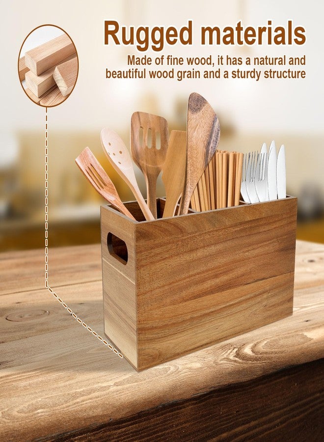 Hevtsde Kitchen Utensil Holder - Removable Divider Wood Silverware Organizer with 3 Compartments, Large Silverware Utensil Caddy for Countertop Farmhouse Kitchen Party - Image 2