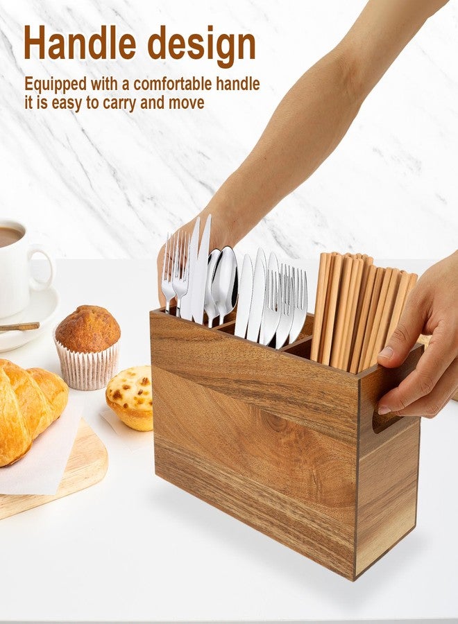 Hevtsde Kitchen Utensil Holder - Removable Divider Wood Silverware Organizer with 3 Compartments, Large Silverware Utensil Caddy for Countertop Farmhouse Kitchen Party - Image 4