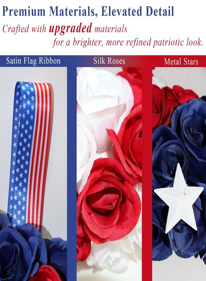 BINFEN Silk Roses 4th of July Wreath, Red White Blue Patriotic Wreaths for Front Door, Memorial & Independence Day Decorations, Americana Decor for Front Porch Wall Window Indoor Outdoor (13”) - Image 2