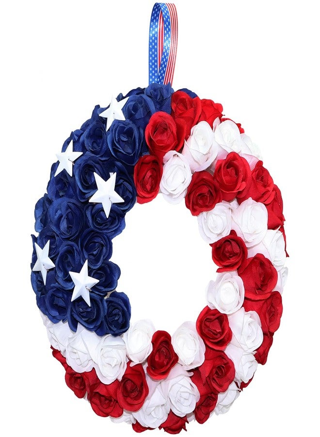 BINFEN Silk Roses 4th of July Wreath, Red White Blue Patriotic Wreaths for Front Door, Memorial & Independence Day Decorations, Americana Decor for Front Porch Wall Window Indoor Outdoor (13”) - Image 1