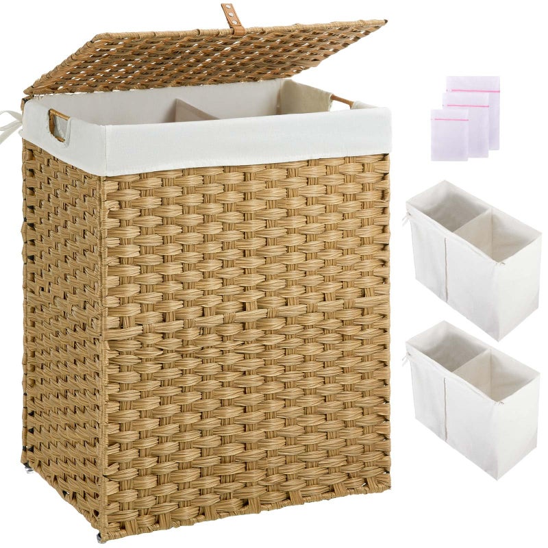 Greenstell Greenstell Laundry Hamper No Install Needed Divided Clothes Hamper with 2 Removable Liner Bags 90L Handwoven Synthetic Rattan Laundry Basket with Lid and Handles Foldable Natural 