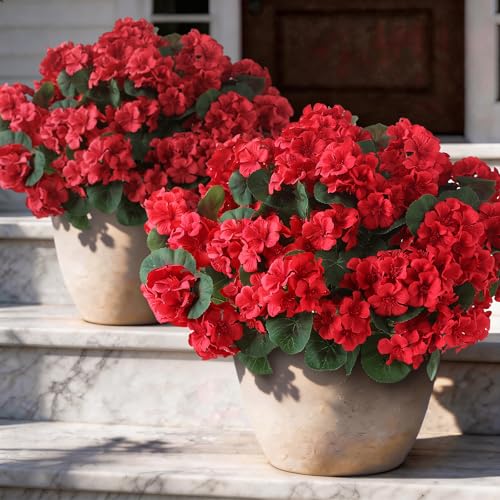 GLIDLION 12 Bundles Artificial Geranium Flowers for Spring Summer Decor UVResistant Fake Plants Realistic Faux Silk Bouquets for Front Door Farmhouse Garden Porch Home Outdoor Decor Red - Image 3