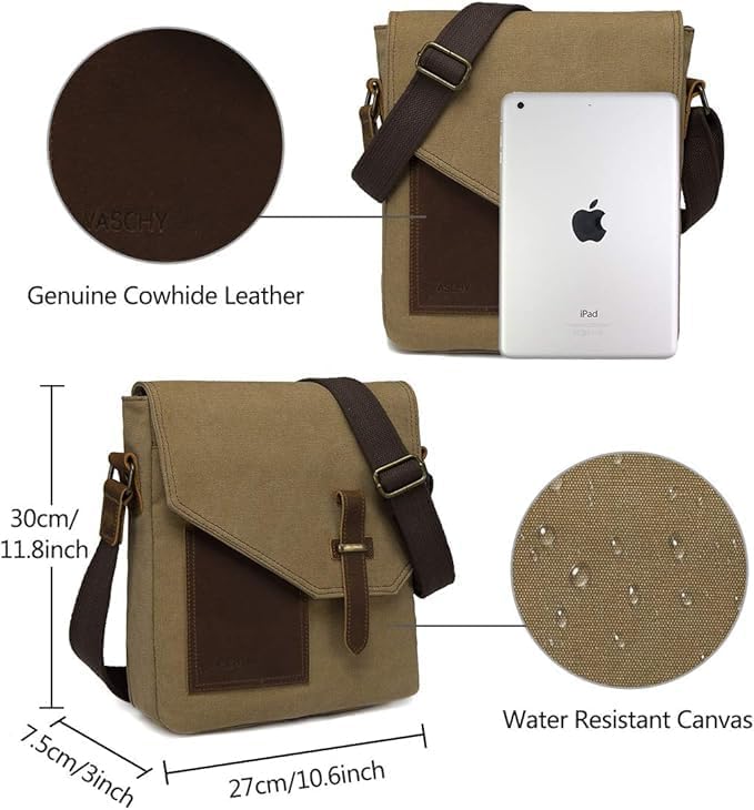 Vaschy Small Messenger Bag, Vintage Canvas Leather Lightweight Crossbody Bag - Image 2