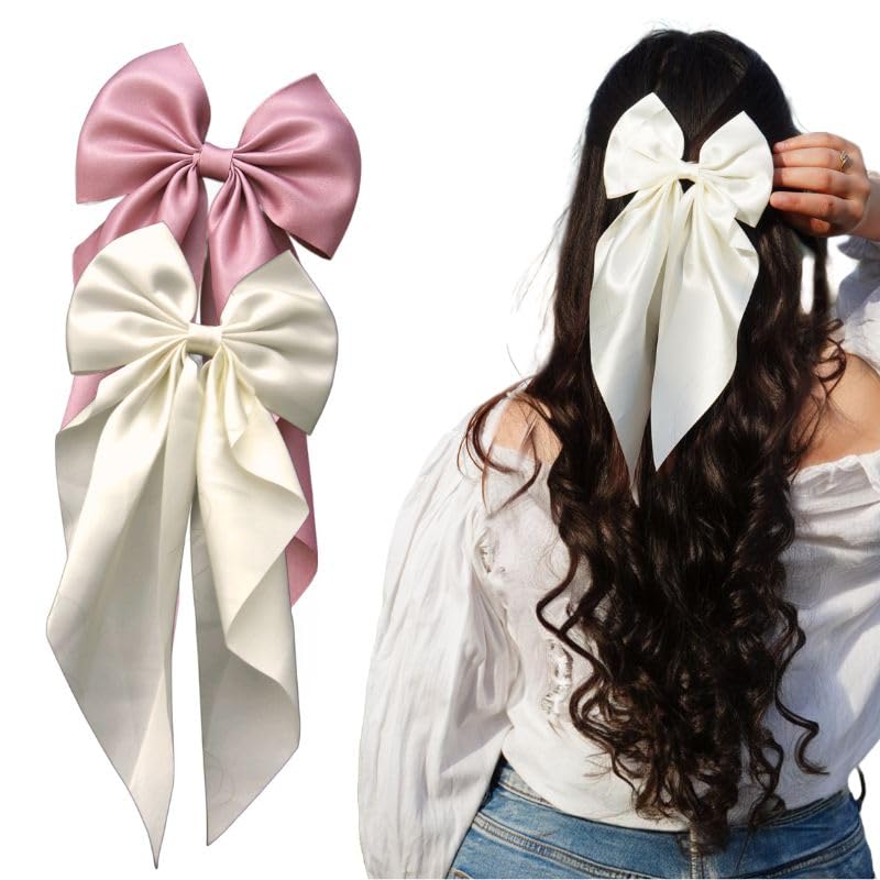 ChicTresses® 2 Pack Off White and Pink - Bows for Women, Clips for Womens - Hair Clips for Womens - Luxury Satin Hair Bow Clips for Women and Girls, Cute Hair Accessories for Girls - Image 1