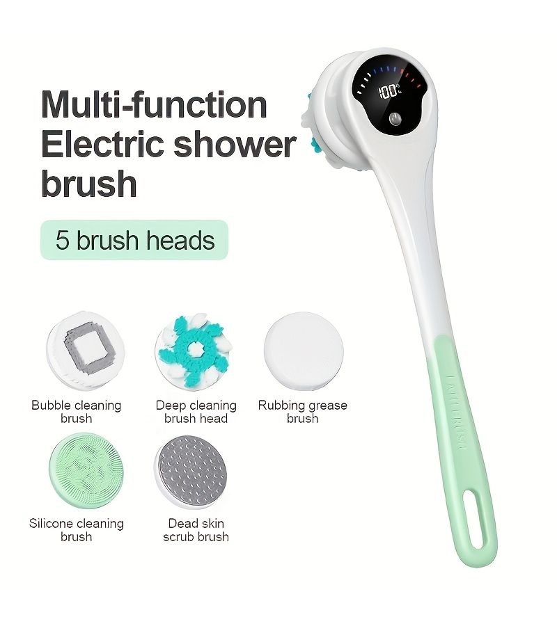 Light Green Electric Rotating Body Brush with 5 USB Rechargeable Brush Heads Soft Comfortable Bristles for Gentle Harmless Skin Care Bathing Convenience - Image 5