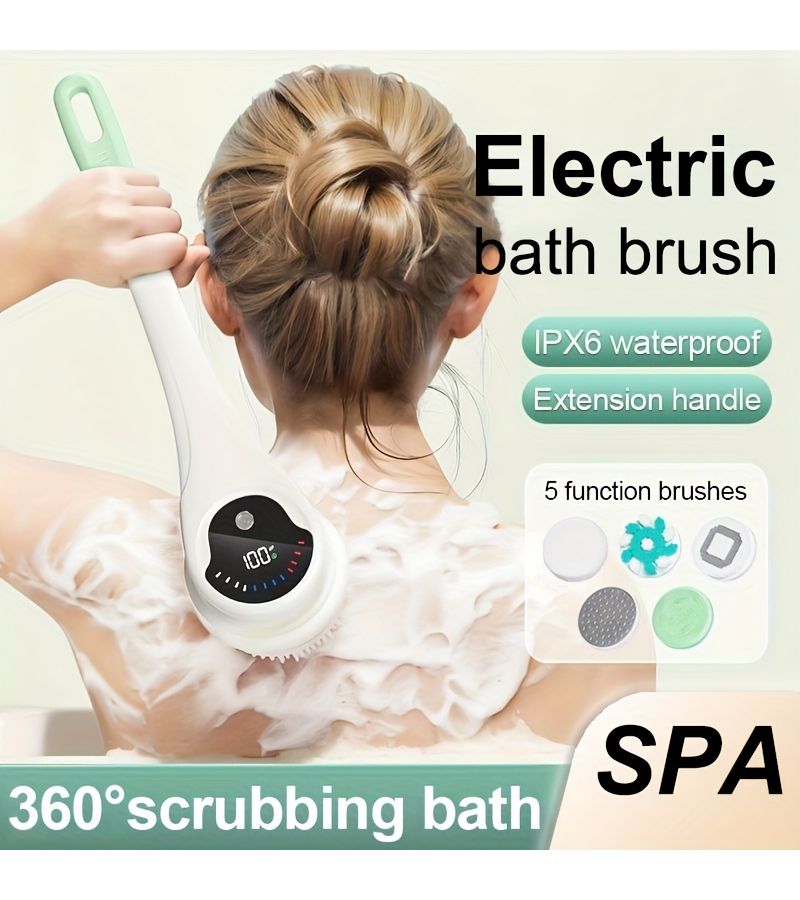 Light Green Electric Rotating Body Brush with 5 USB Rechargeable Brush Heads Soft Comfortable Bristles for Gentle Harmless Skin Care Bathing Convenience - Image 1