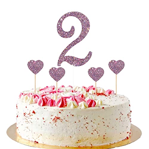 Festiko®2 Cake Topper for 2nd Birthday Cake Topper with Heart Cupcake Toppers, Number Two, 2 Years Old, Children Birthday Wedding Anniversary Party Decorations (Mixed Purple Glitter 5pcs) - Image 1