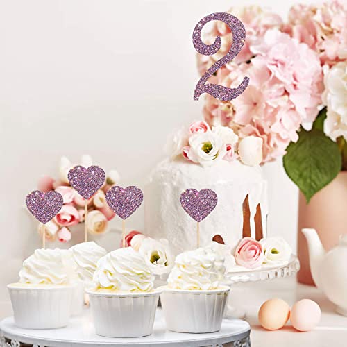 Festiko®2 Cake Topper for 2nd Birthday Cake Topper with Heart Cupcake Toppers, Number Two, 2 Years Old, Children Birthday Wedding Anniversary Party Decorations (Mixed Purple Glitter 5pcs) - Image 3