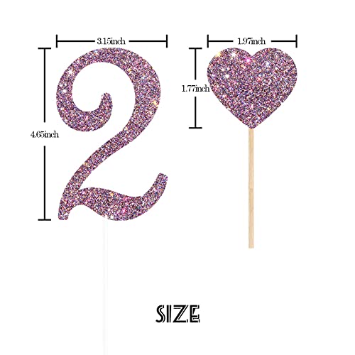 Festiko®2 Cake Topper for 2nd Birthday Cake Topper with Heart Cupcake Toppers, Number Two, 2 Years Old, Children Birthday Wedding Anniversary Party Decorations (Mixed Purple Glitter 5pcs) - Image 5