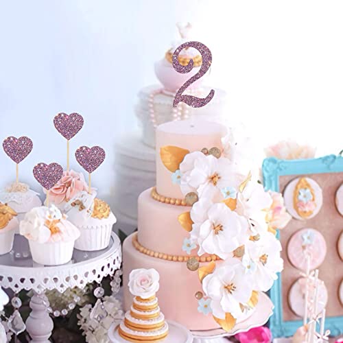 Festiko®2 Cake Topper for 2nd Birthday Cake Topper with Heart Cupcake Toppers, Number Two, 2 Years Old, Children Birthday Wedding Anniversary Party Decorations (Mixed Purple Glitter 5pcs) - Image 4