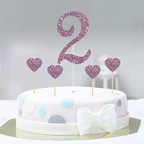 Festiko®2 Cake Topper for 2nd Birthday Cake Topper with Heart Cupcake Toppers, Number Two, 2 Years Old, Children Birthday Wedding Anniversary Party Decorations (Mixed Purple Glitter 5pcs) - Image 2