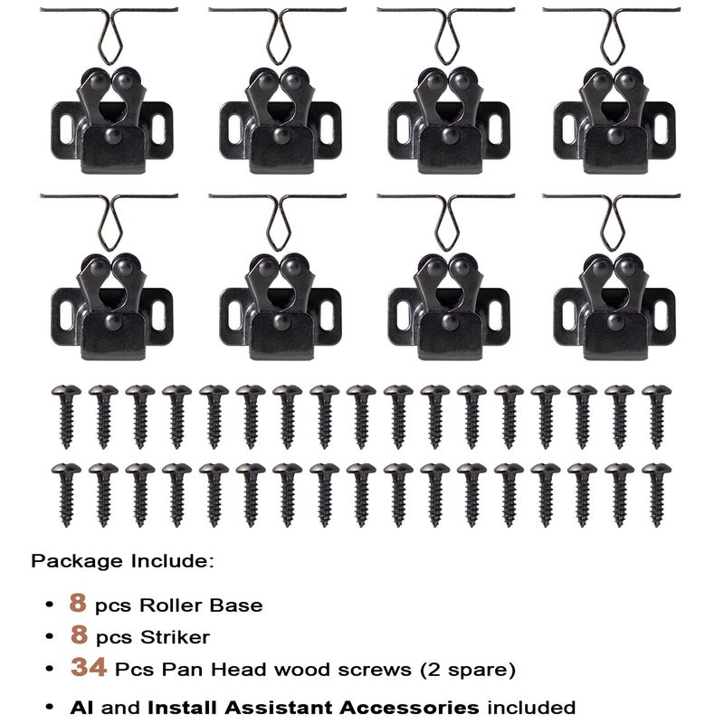 Keenkee 8 Pcs Cabinet Latch Double Roller Catch Hardware For Cupboard Closet Cabinet Door Latches And Catches Black Nickel - Image 2