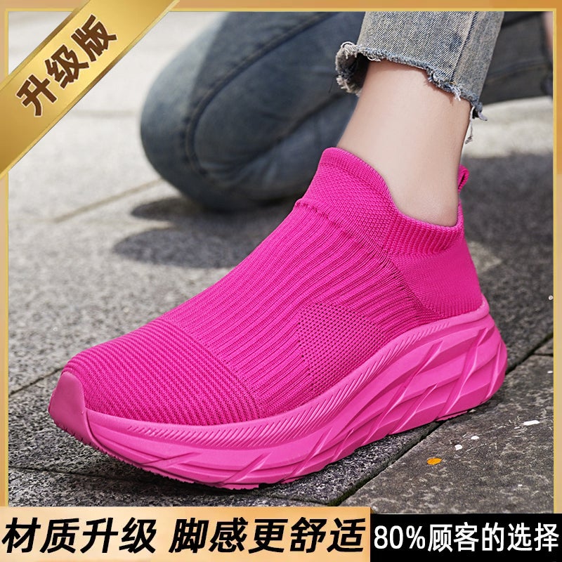 Spring Mens Shoes 2025 New Thick-Soled Casual Travel Socks Shoes Mens One-Legged Fly-Knit Running Sports Shoes Rose red [upgraded model] 