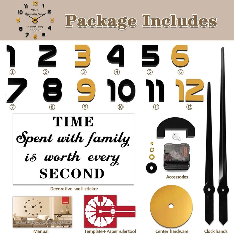 VANGOLD Modern Mute DIY Large Wall Clock 3D Sticker Big Wall Clocks for Home Office Decor Gift - Image 5