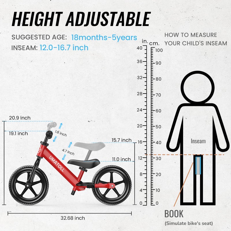 Umatoll Toddler Balance Bike for 2-5 Year Old, Adjustable Kids Toy Bicycle, Gift for Ages 2-3 Girls Boys (Red) - Image 3