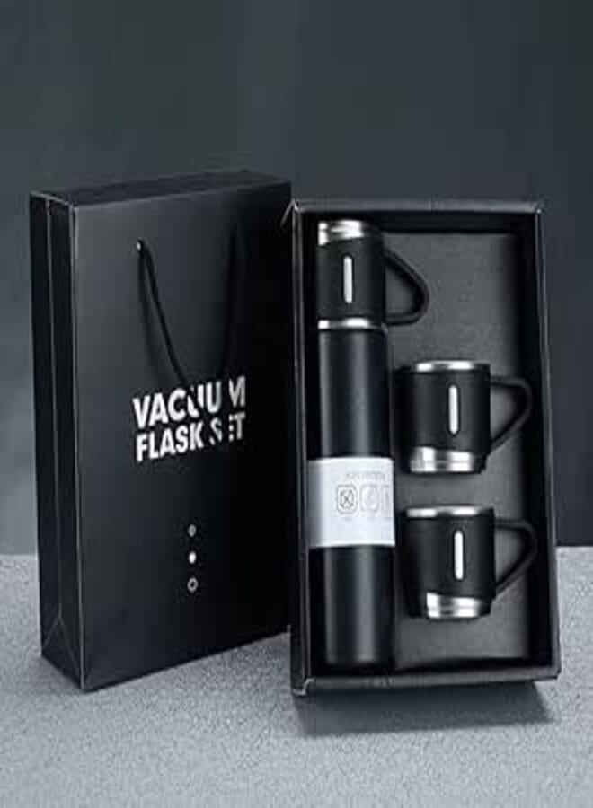 Spaceshoop 500Ml Hot And Cold Double Wall Stainless Steel Insulated Sport Vacuum Flask Tea Gift Box Set With Two Cups (Black)