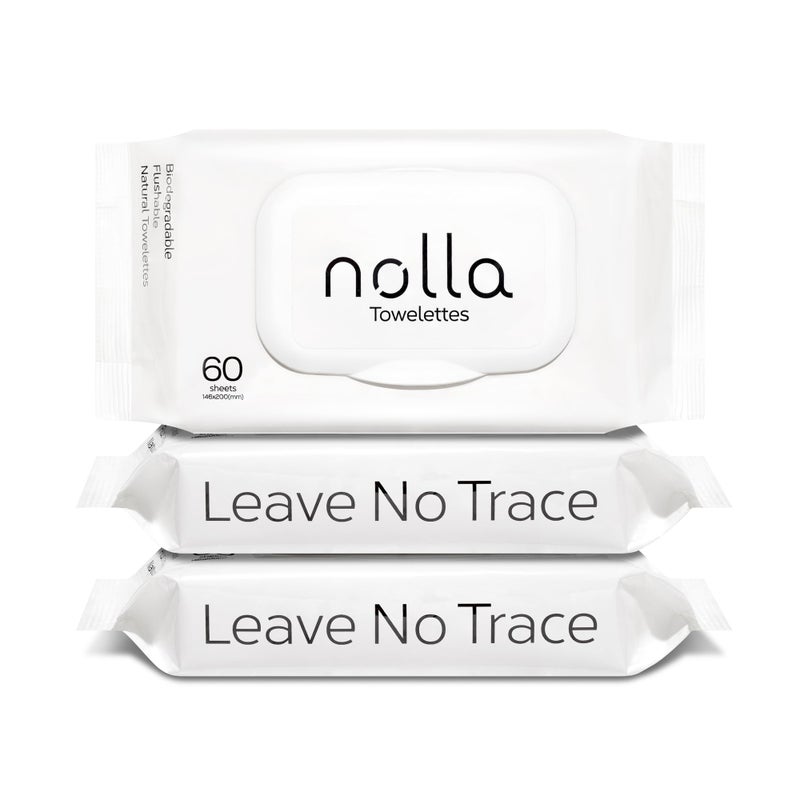 Nolla Flushable Wipes - 100% Plant-Based and Biodegradable - Soft, Unscented + Soothing Aloe and Vitamin E - For Adults and Kids 180 Count (3 Packs of 60) - Image 1
