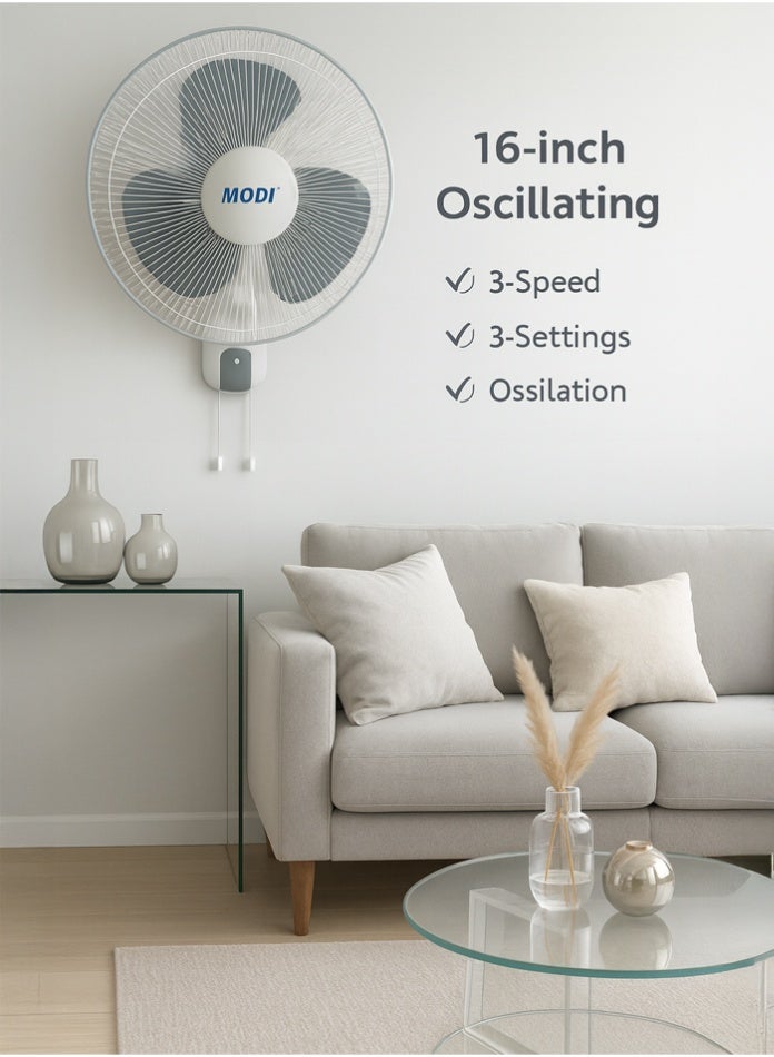 مودي مروحة حائط 3 سرعات 45 واط باللون الأبيض، 2 قطعة، تصميم أنيق، تشغيل هادئ، مناسبة للمنازل والمكاتب، توفير للطاقة، سهلة التركيب، تدفق هواء قوي - Image 3